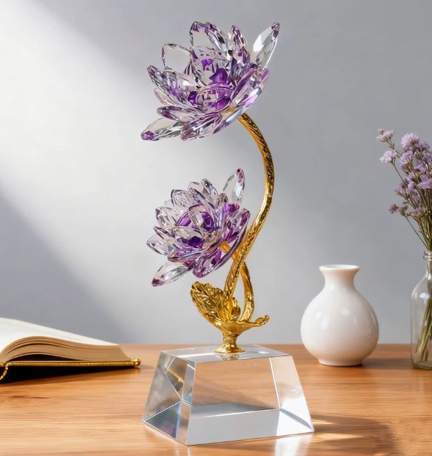 蓮 花 置物 オブジェ クリスタル 金綺麗 金運 開運 運気アップ インテリア 玄関 オフィス 寝室 風水 開運 健康運 出世運 家庭運 家内安全 パープル