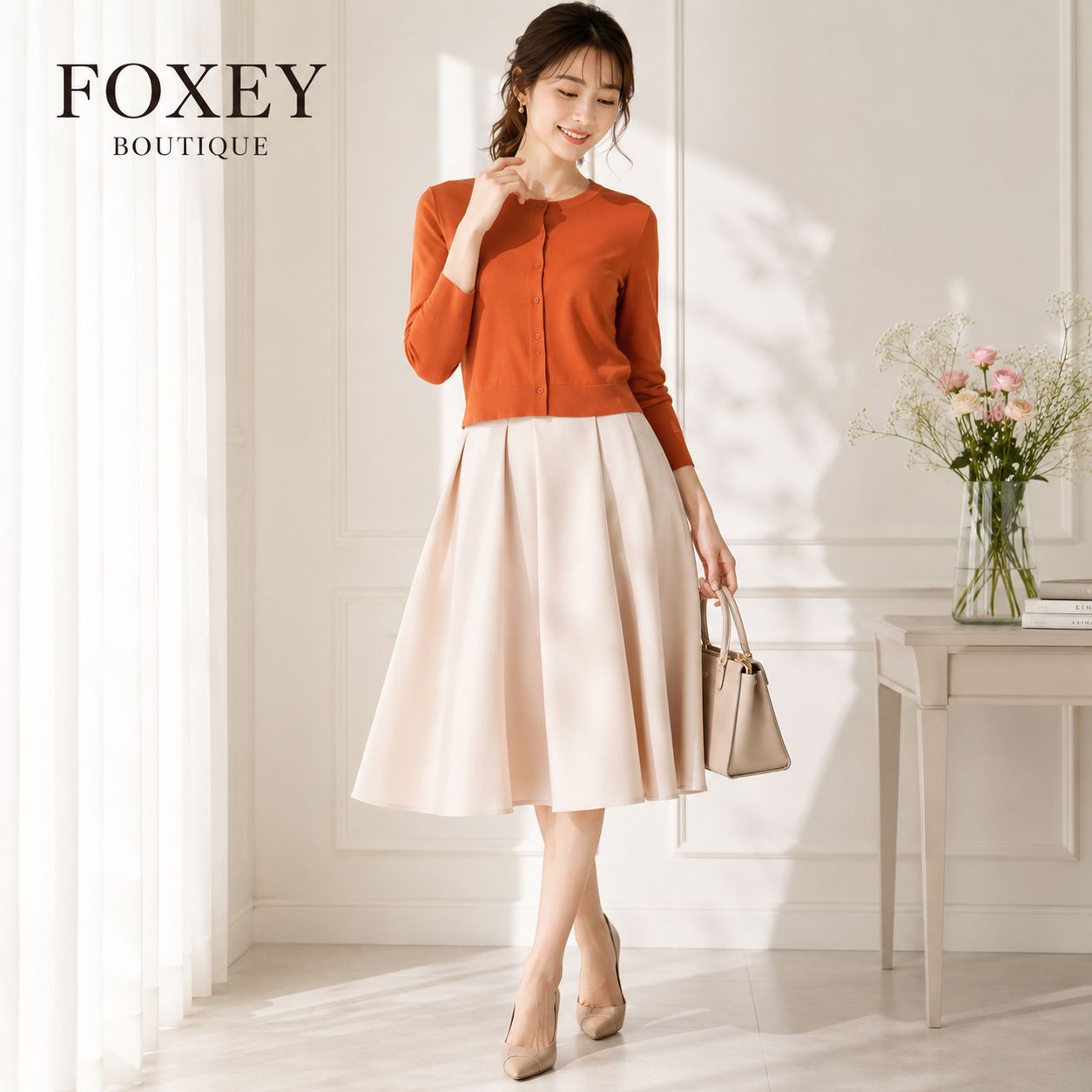 レディース FOXEY フォクシー シルク混 ワンピース 38 M グレージュ フレア