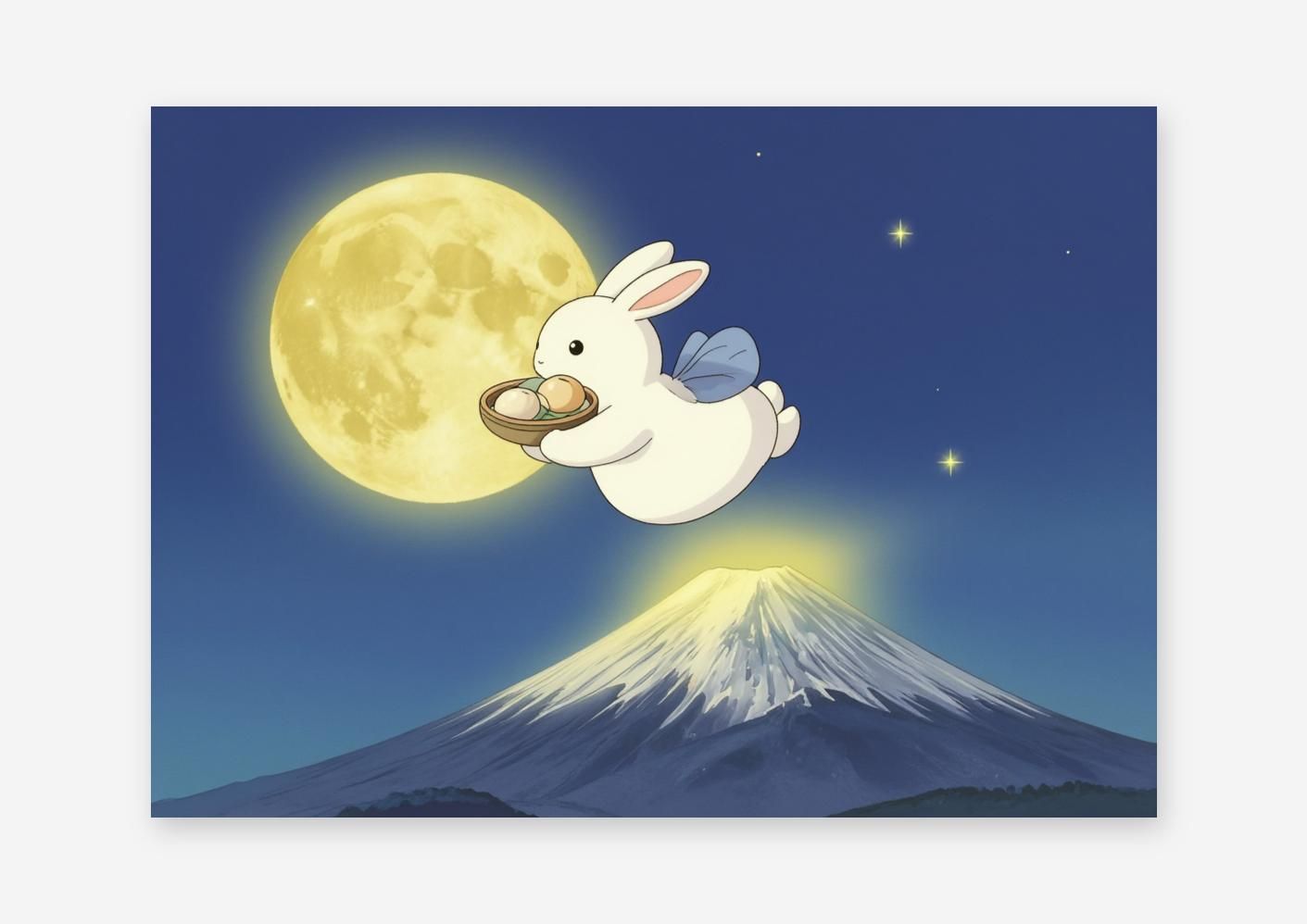 AIアート】【幻想的な夜空】月夜のうさぎ 団子 富士山 アニメ原画風