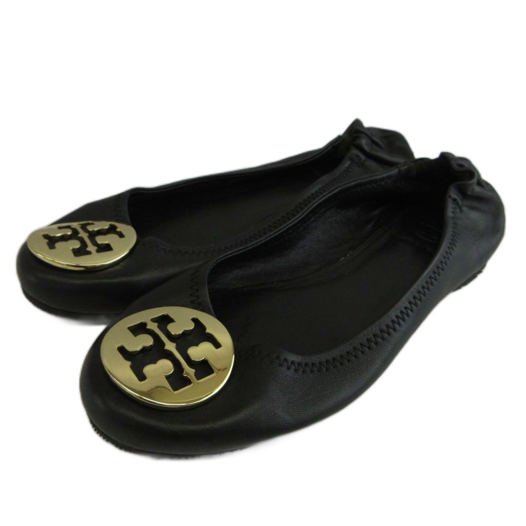 トリーバーチ TORY BURCH バレエシューズ フラットシューズ レザー ラウンドトゥ ロゴ ゴールド金具 6.5 23.5cm 黒 ブラック /XZ ■GY18
