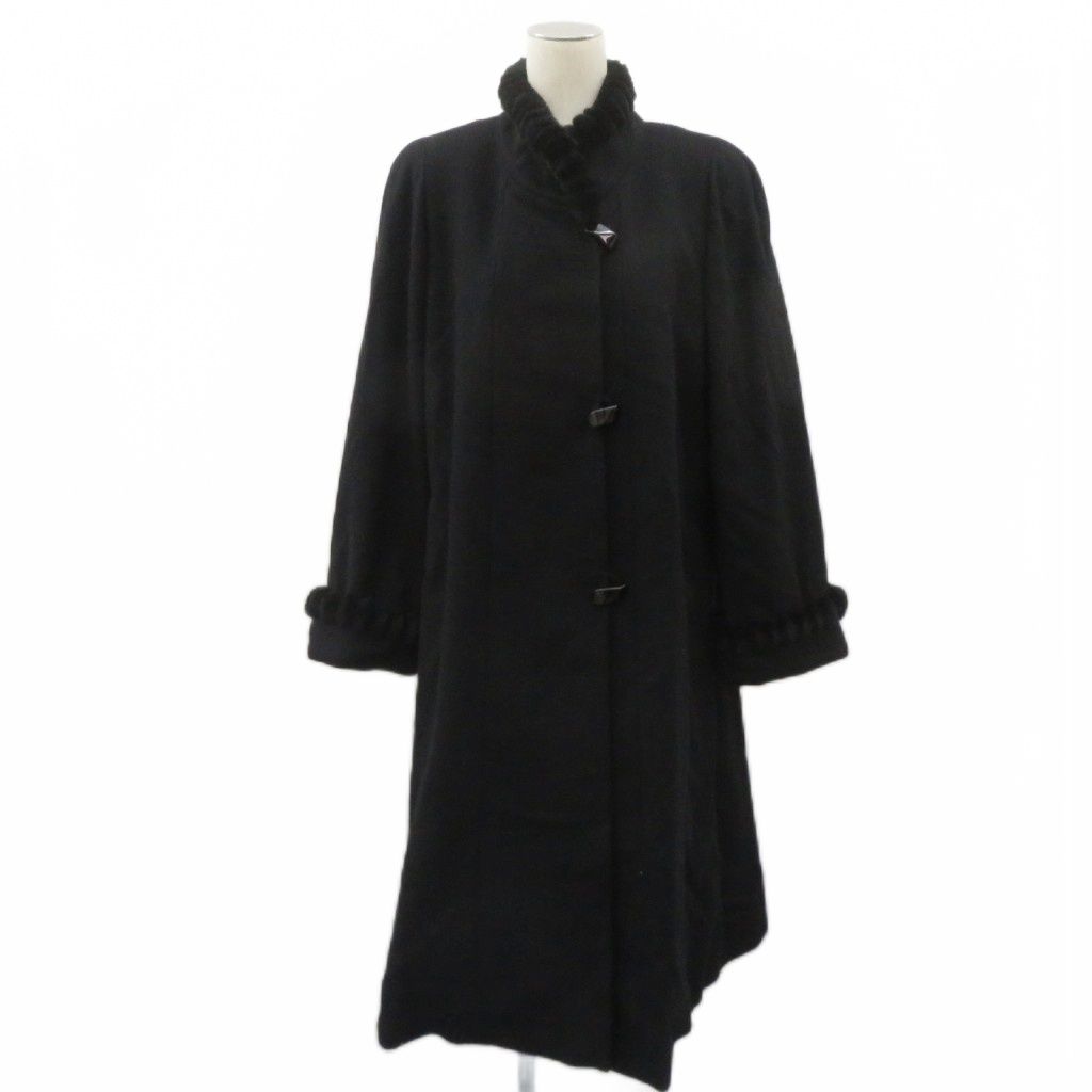 S&I コート 9 黒 ブラック スタンドカラー キャメル カシミヤ混 ファー ロング丈 /HO ■GY99