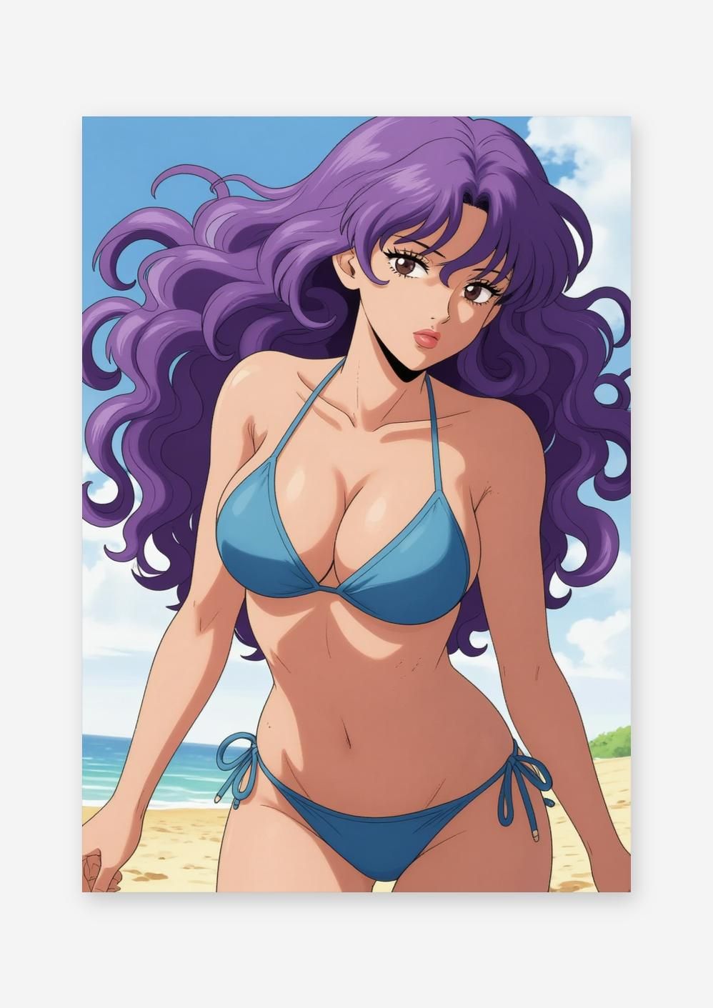 AIアート】【鮮やかパープルヘア】青ビキニ美女 海辺 ビーチ 夏 水着