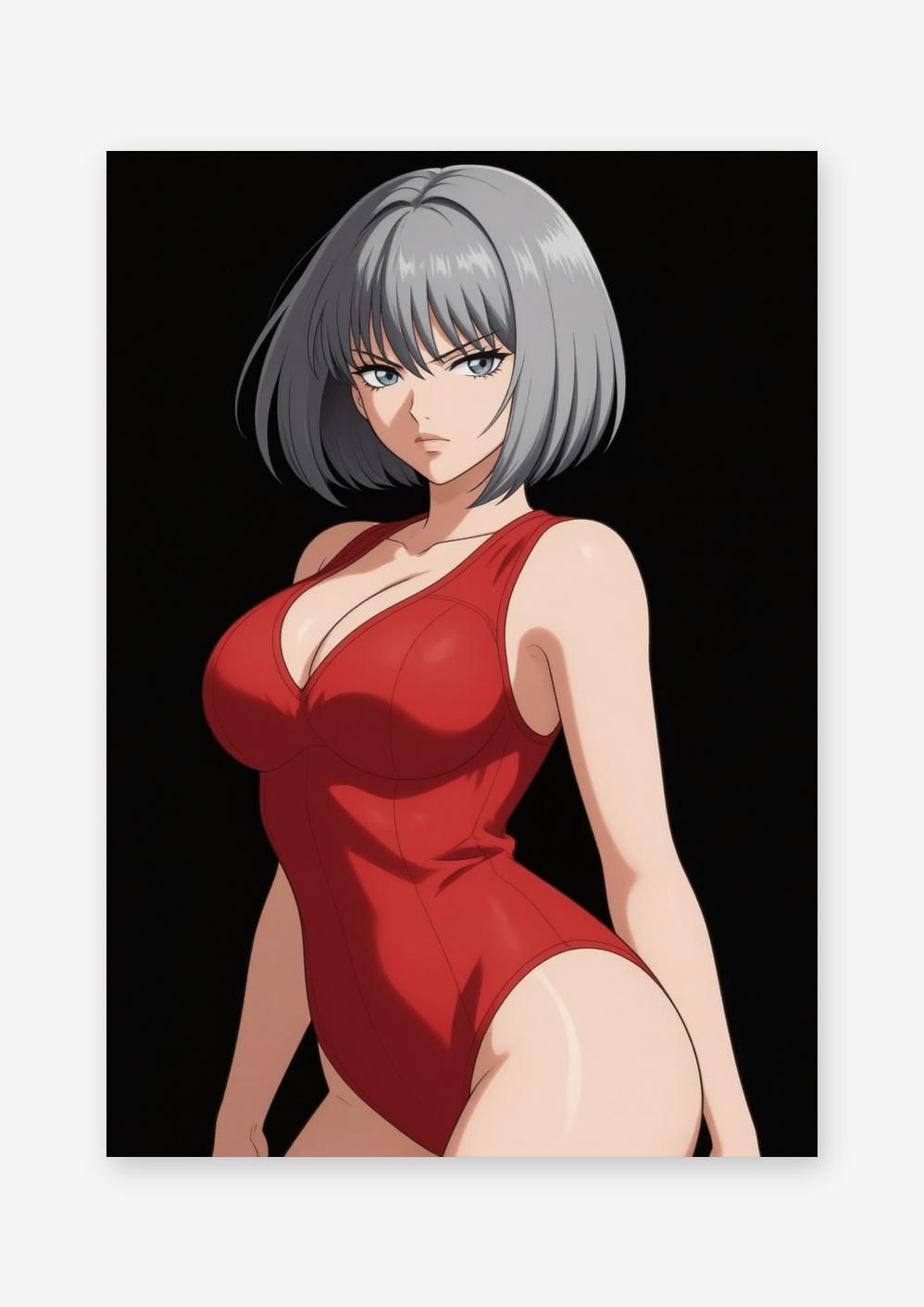 アニメキャラクター イラスト 赤い水着 AIアート】【魅惑の赤水着】クールなショートヘア美女 視線にドキッ