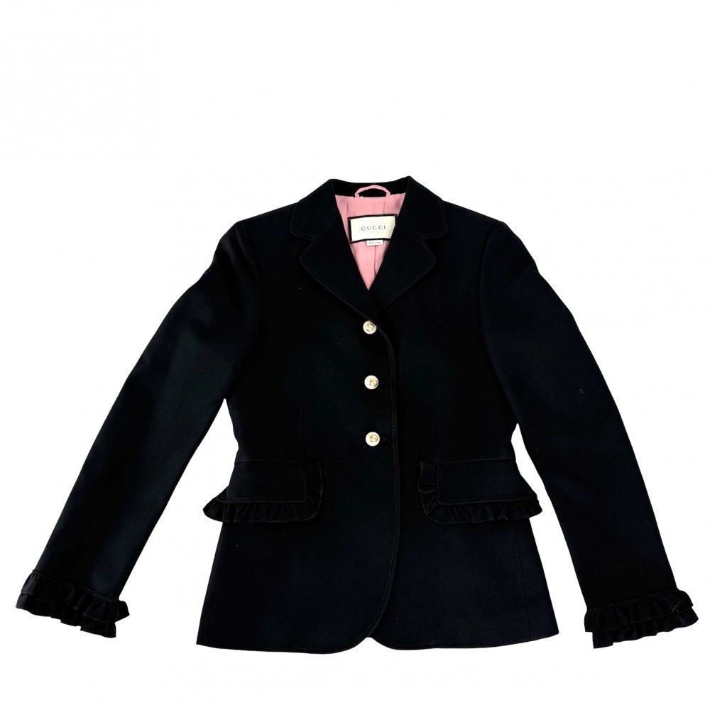 グッチ テーラードジャケット レディース フリル 服 ジャケット アパレル GUCCI 38 432417 ブラック 黒 ピンク ウール シルク 春 秋 美品【中古品】