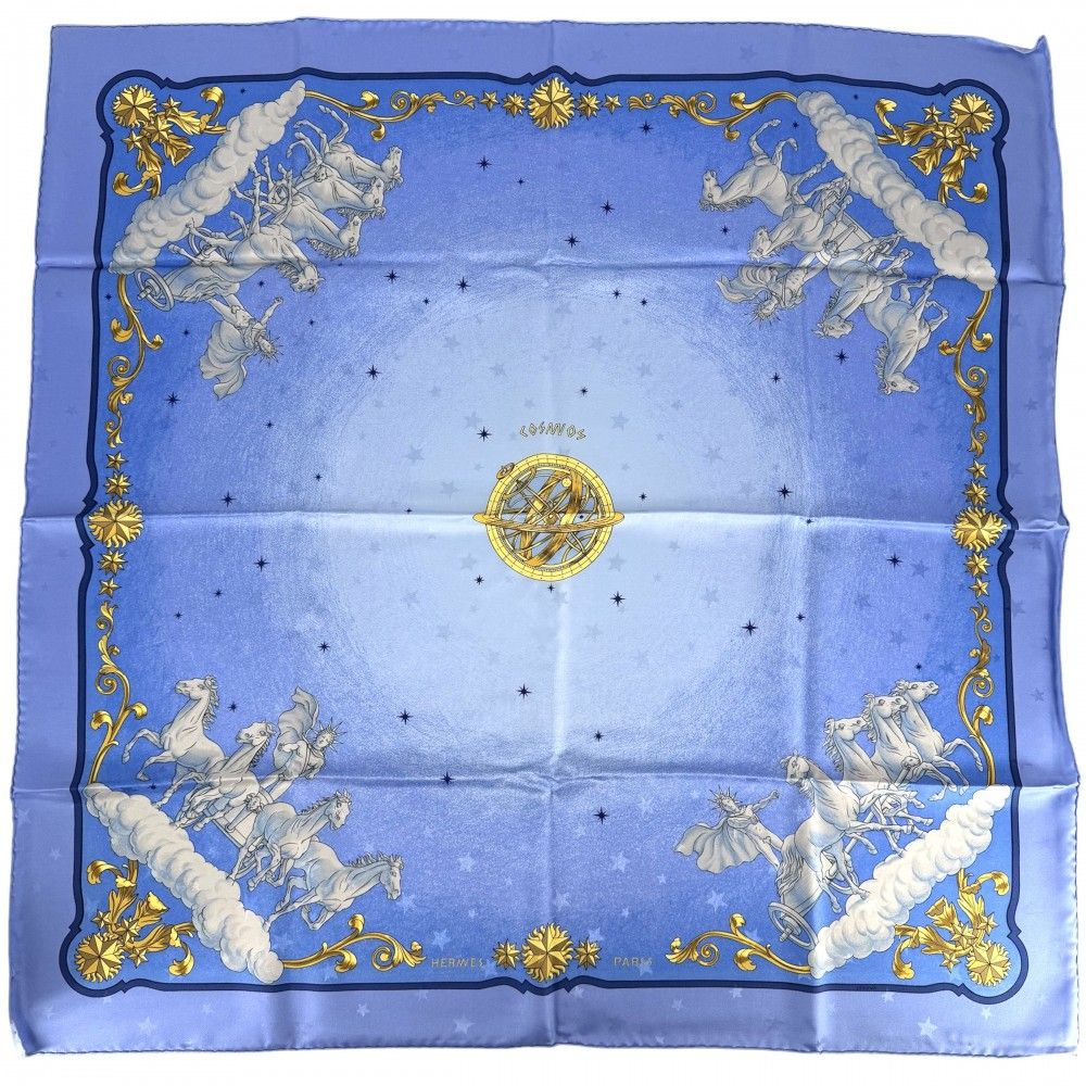 エルメス スカーフ レディース カレ90 COSMOS 宇宙観 ファッションアイテム Carres HERMES シルク ライトブルー 美品【中古品】
