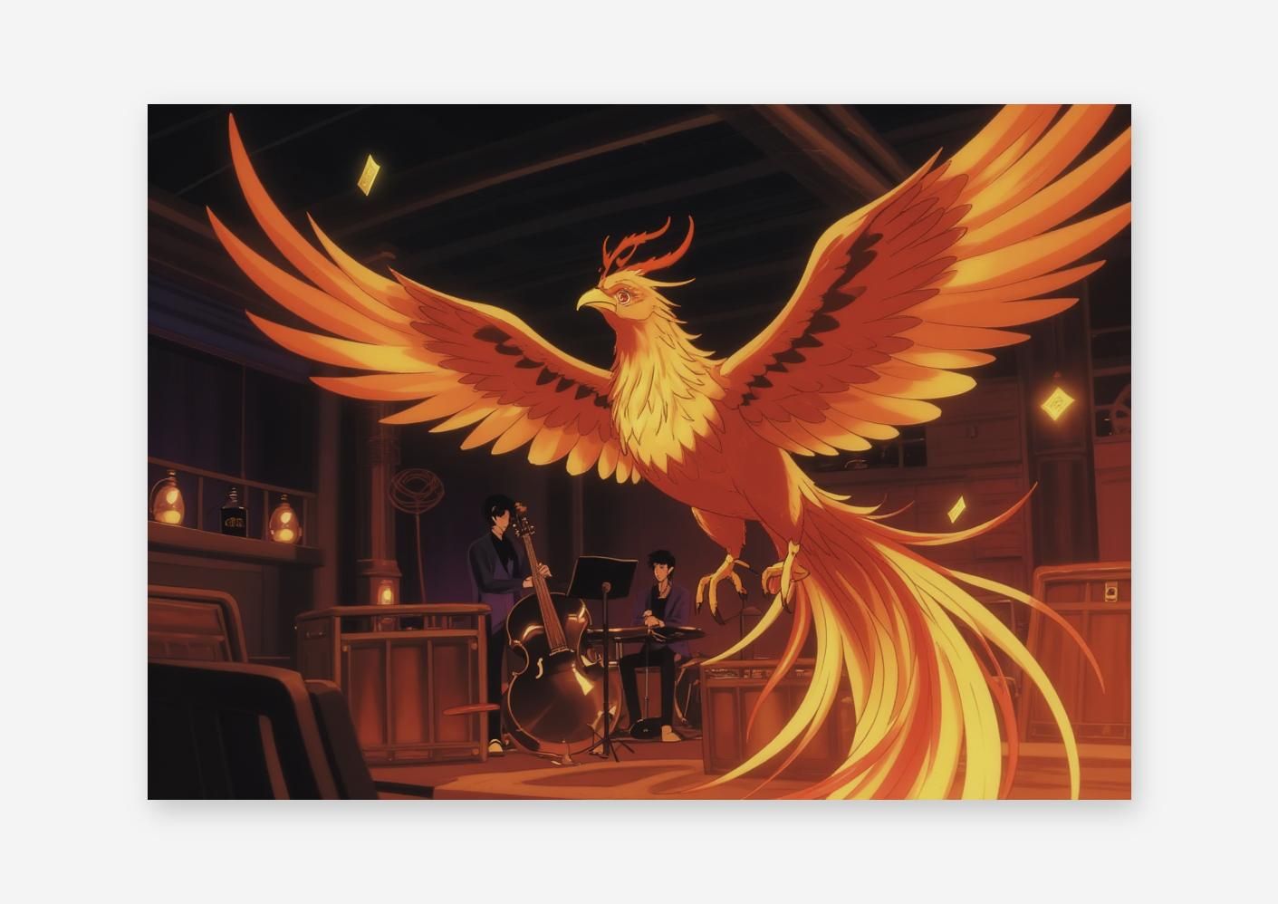 AIアート】【幻想的アート】炎を纏う不死鳥 音楽室に現る 希少イラスト