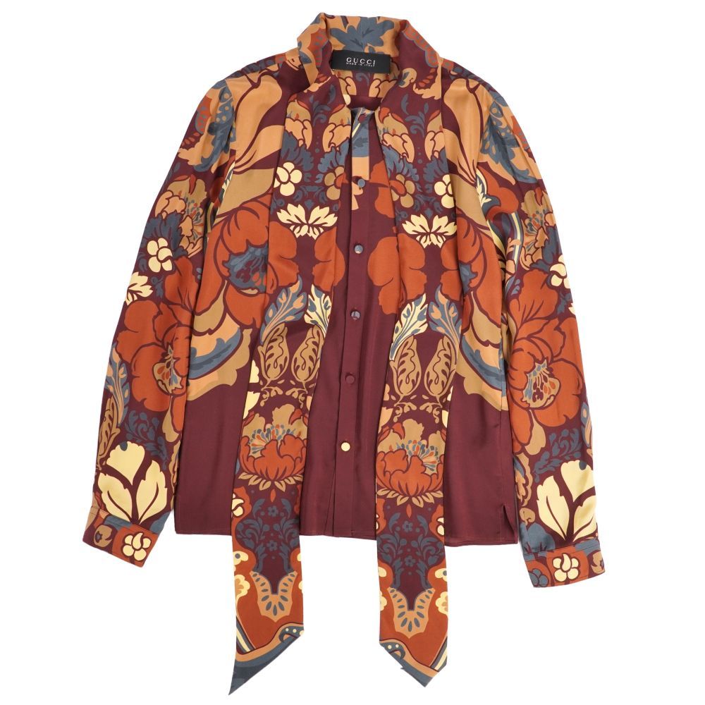 極美品 グッチ GUCCI シャツ ロングスリーブ 長袖 タイ付き 総柄 シルク 32,487円