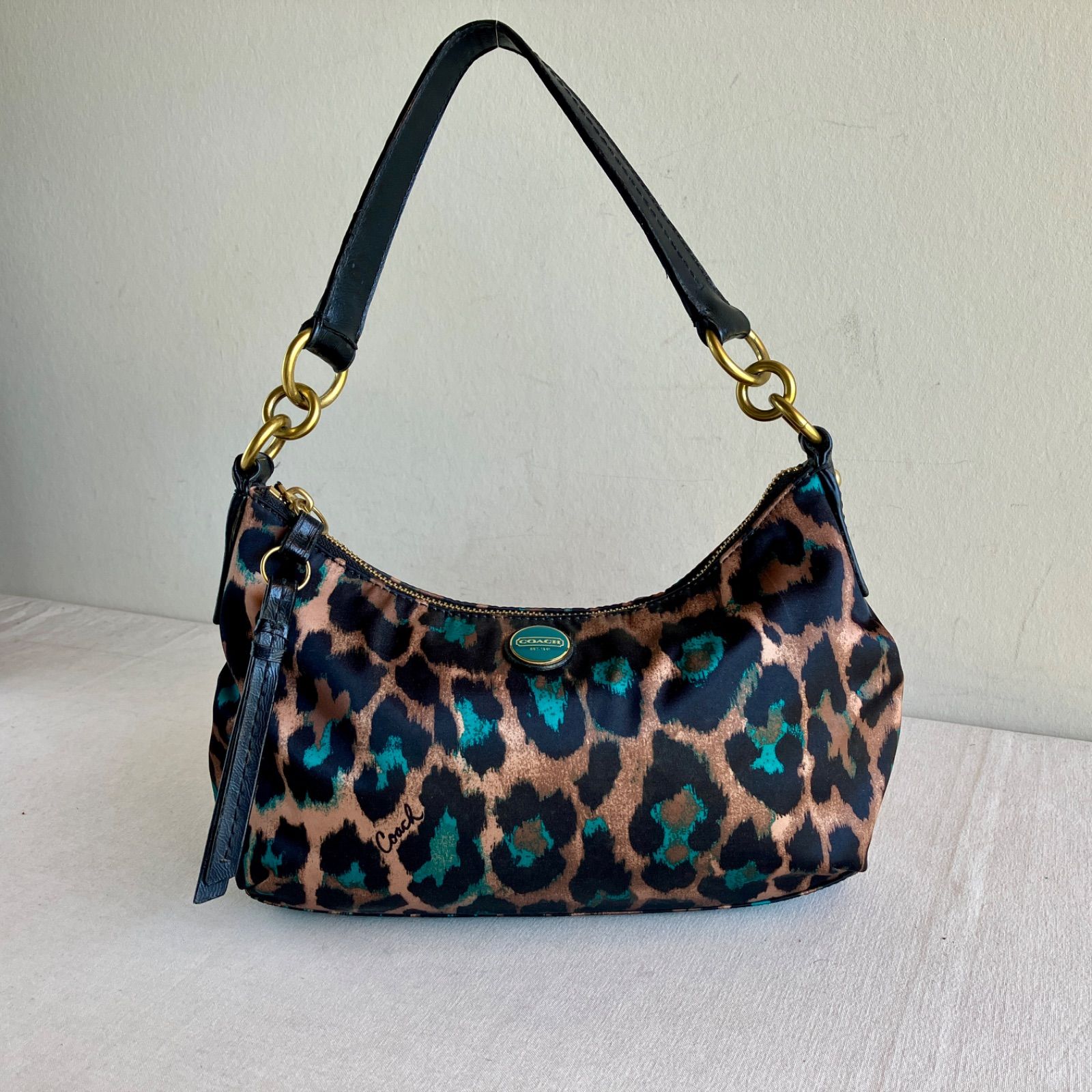 Vintage Coach Poppy Ocelot Leopard Print Sateen Hobo Shoulder Bag Teal Y2K