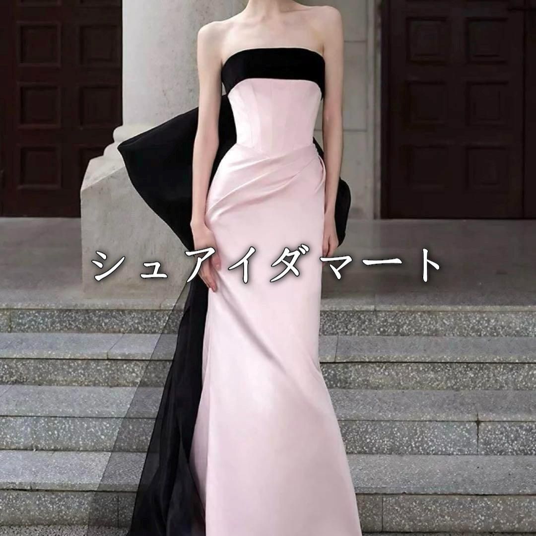 【新品】ウェディングドレス パーティードレス 結婚式 披露宴 演奏会 リボン バイカラー イブニングドレス 韓国 ロングドレス