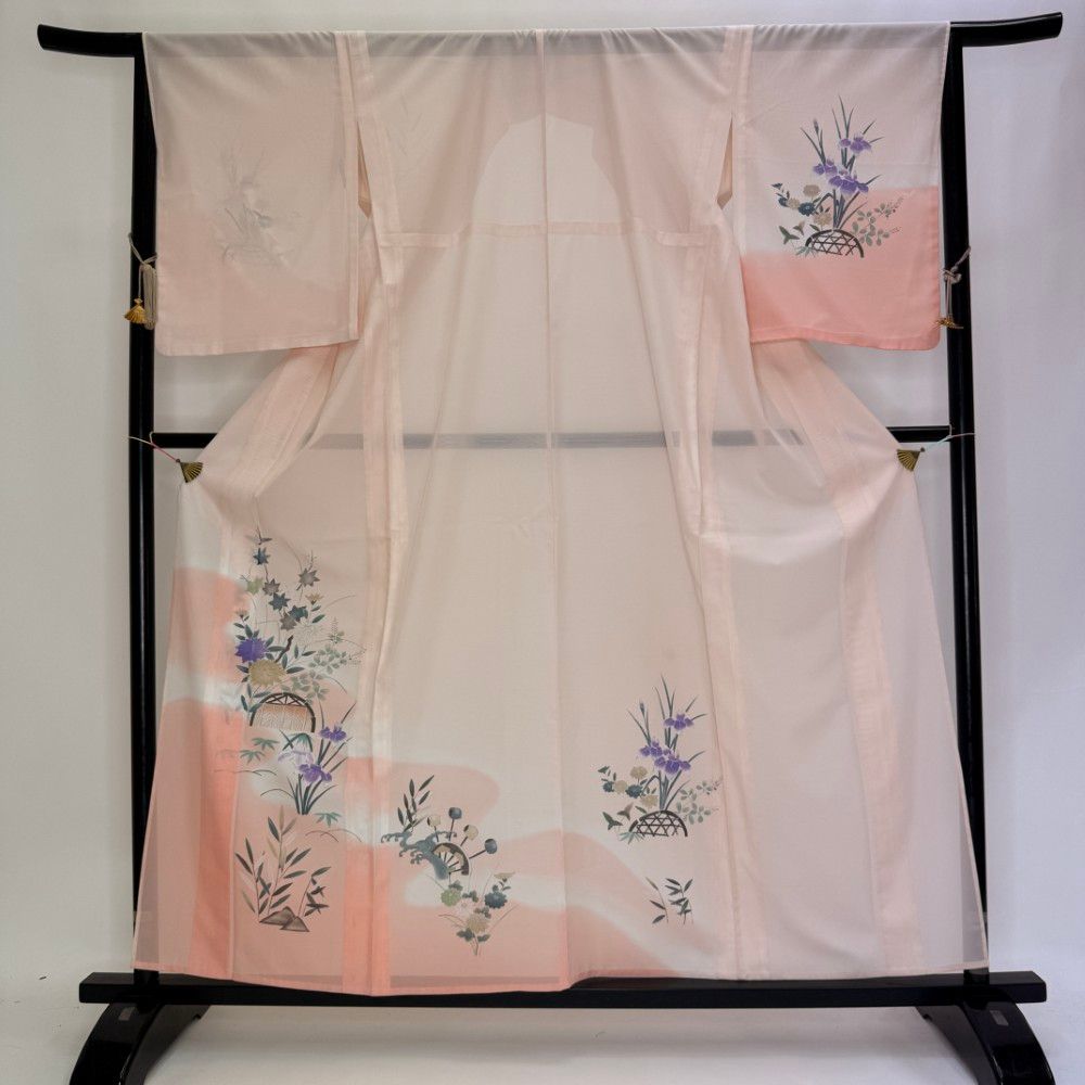 訪問着 付け下げ 絽 夏用 夏 洗える着物 礼装 ポリエステル 裄65.5cm M サイズ ピンク 6131