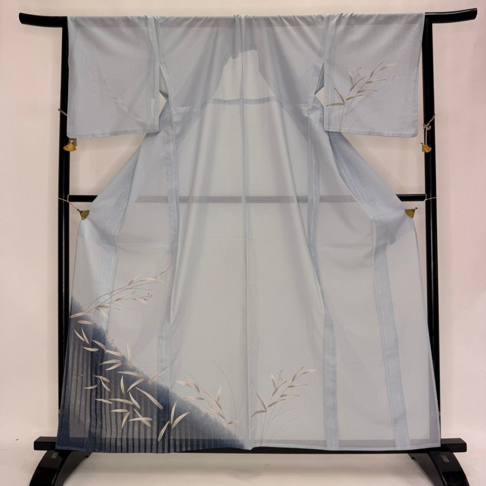 訪問着 付け下げ 絽 夏用 夏 洗える着物 礼装 ポリエステル 裄67.5cm L サイズ 水色 6135