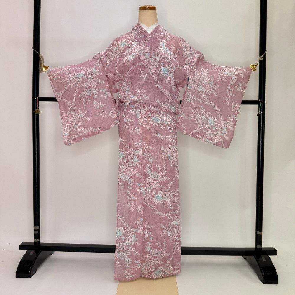 小紋 夏 麻風 夏用 洗える着物 裄65.2cm 身丈154.5cm 花柄 お洒落着