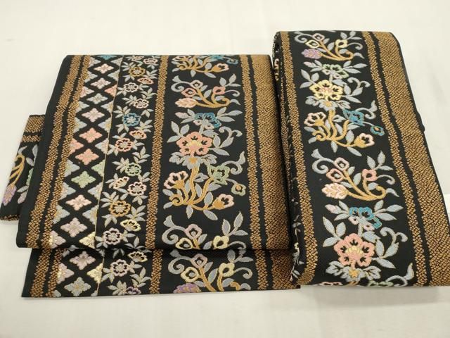 平和屋着物●つけ帯　市楽織　草花間道　黒地　金糸　正絹　逸品　CABI7372dy