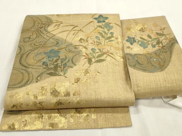 平和屋着物●つけ帯　手描き　紬地　草花文　金彩　正絹　逸品　CABI7478dy