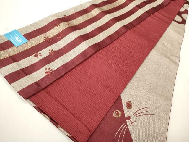 平和屋着物●両方向　半幅帯　猫/ねこ　水玉　金糸　未使用　CABI4835ak