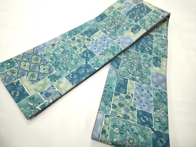 平和屋着物●両面　半幅帯　色紙重ね花文/間道　未使用　CABI4844ak