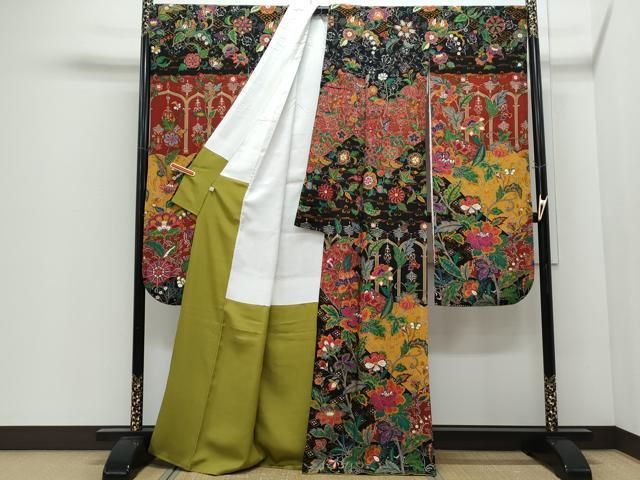 平和屋着物○豪華振袖 更紗花唐草文 金彩 鬼しぼ縮緬 正絹 逸品