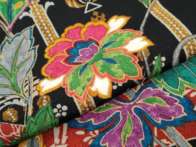 平和屋着物○豪華振袖 更紗花唐草文 金彩 鬼しぼ縮緬 正絹 逸品