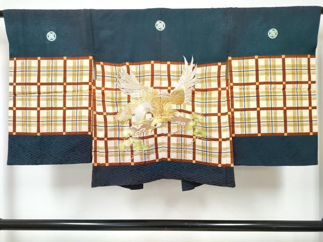 平和屋着物[]七五三　男の子　子供　羽織　刺繍　鷹　鷲　格子松文　金彩　洗える着物　DABE7508ma