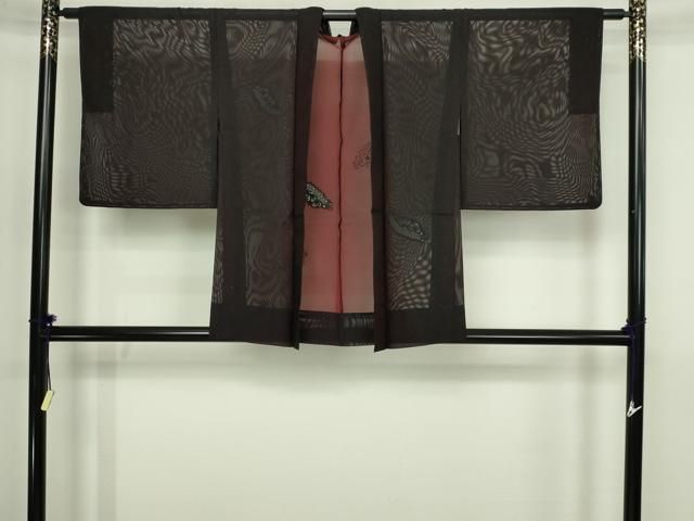平和屋着物▽羽織　スリーシーズン　春夏秋　塵除け　ドロンワーク　花唐草文　黒地　正絹　逸品　DABG9620sf