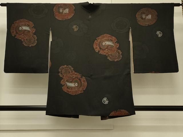 平和屋着物＃羽織　寿光織　絵皿風景文　黒地　銀糸　正絹　逸品　CABH7117in