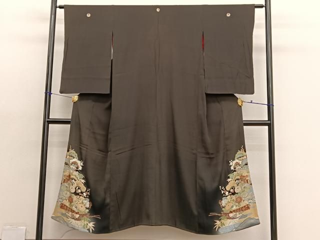 平和屋着物●アンティーク　大正ロマン　黒留袖　駒刺繍　御所車檜扇花文　金彩　正絹　逸品　BAAX2945hv