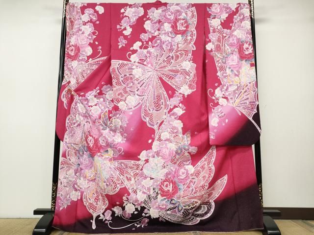 平和屋着物●豪華振袖　花蝶文　ラインストーン　暈し染め　銀通し地　正絹　逸品　CABH9741ut