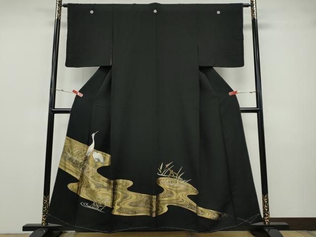 平和屋着物●豪華黒留袖　寿光織　鷺　流水草花文　金銀糸　正絹　逸品　CABH9714ut