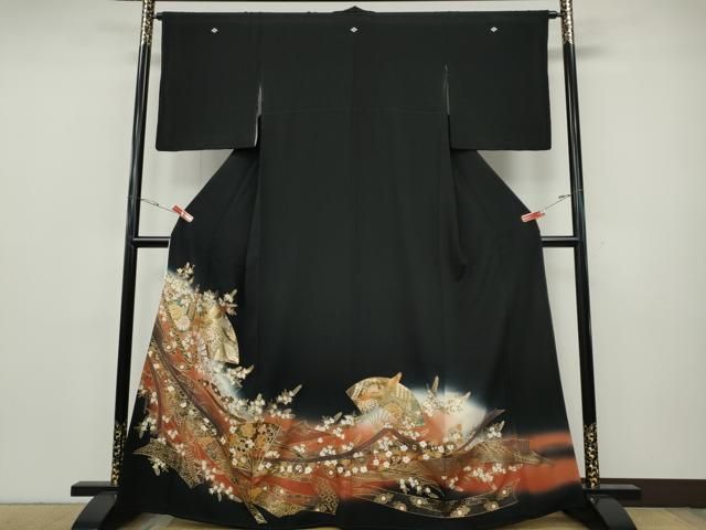 平和屋着物●豪華黒留袖　扇面鳳凰熨斗花文　暈し染め　金銀彩　正絹　逸品　CABH9649ut