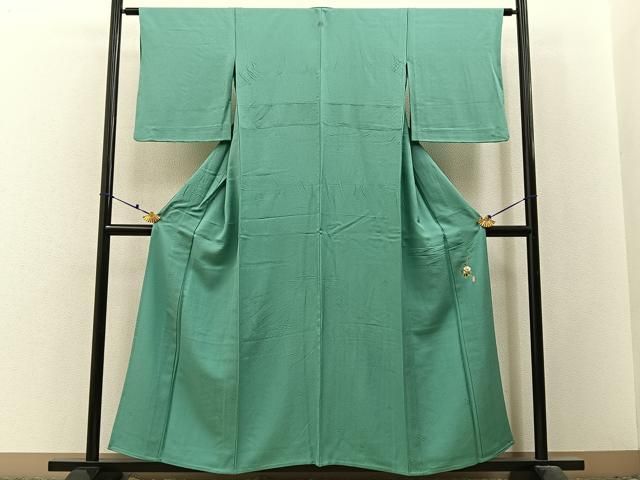 平和屋着物▽上質な色無地 単衣 草木染 花地紋 青磁色 正絹 逸品