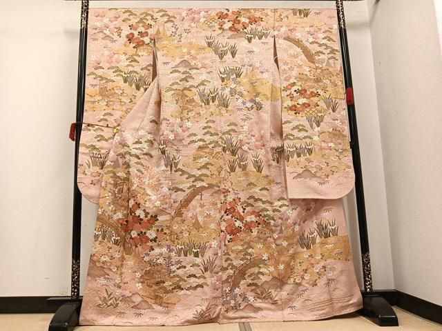 平和屋着物●豪華振袖　風景草花文　金彩　正絹　逸品　AABJ3947ph