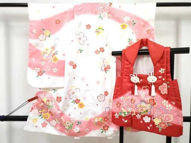 平和屋着物[]七五三　女の子　３歳　祝着　三つ身　被布セット　舞桜文　暈し染め　金彩　DABE7455ma