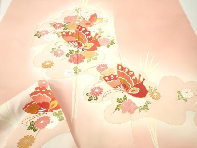平和屋着物▽付下げ 反物 着尺 駒刺繍 舞蝶草花文 暈し染め 金彩 逸品