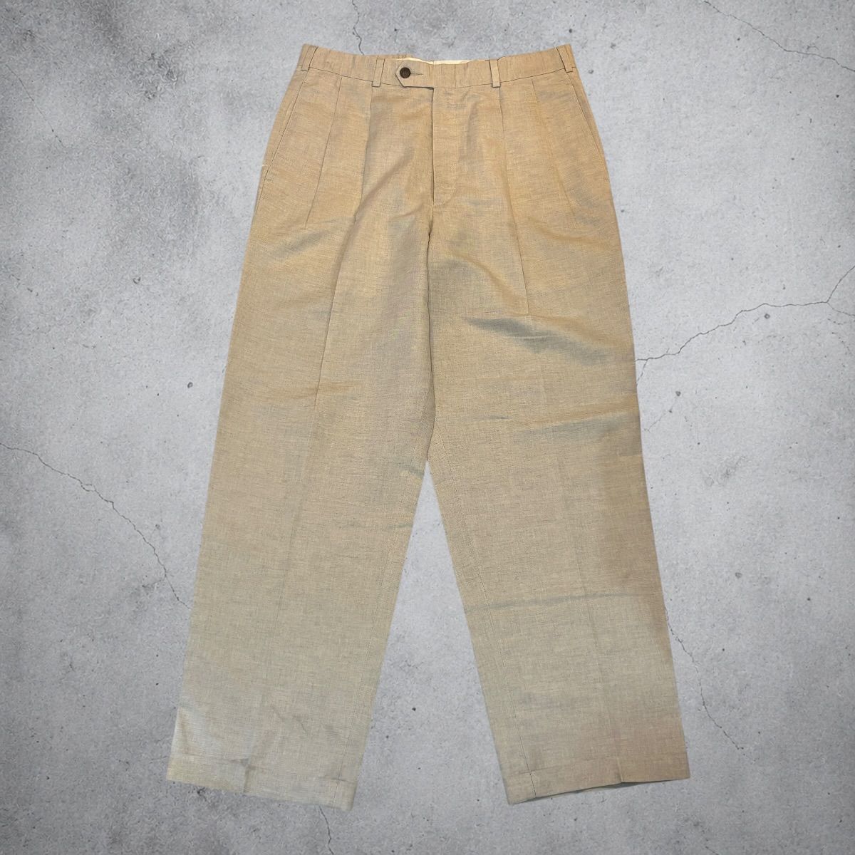 90s SLATES Linen Slacks W32 Beige スレイツ リネン混 スラックス タック ワイドシルエット ベージュ 古着