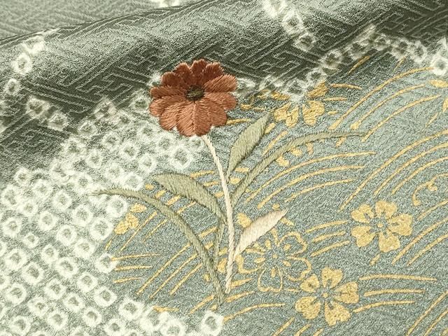 平和屋着物□訪問着 絞り 刺繍 草花文 金彩 正絹 逸品 DABH4263qp