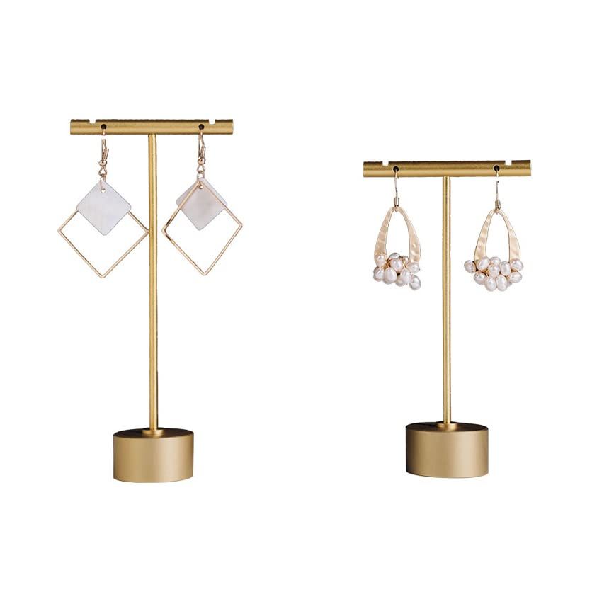 GISELA D 2 Pcs Gold Metal Earrings T Bar Stand Retail Display Holder Show Jewelry Online Store Photo Display Props (Gold Round Base 4.5 Inches and 5.3 Inches High)