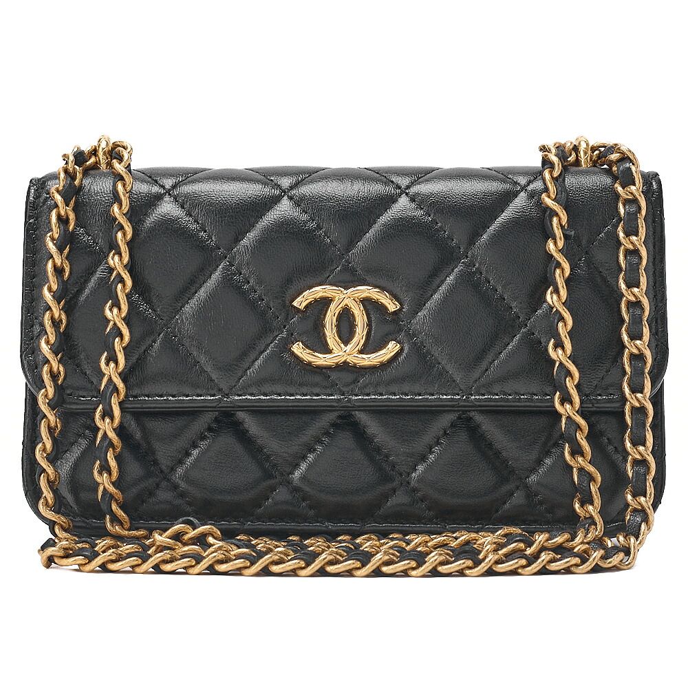 CHANEL シャネル チェーンウォレット ビジュココマーク マトラッセ 　ラムスキン 黒（ゴールド金具）レディースウォレット レディース財布 【中古】【送料無料】