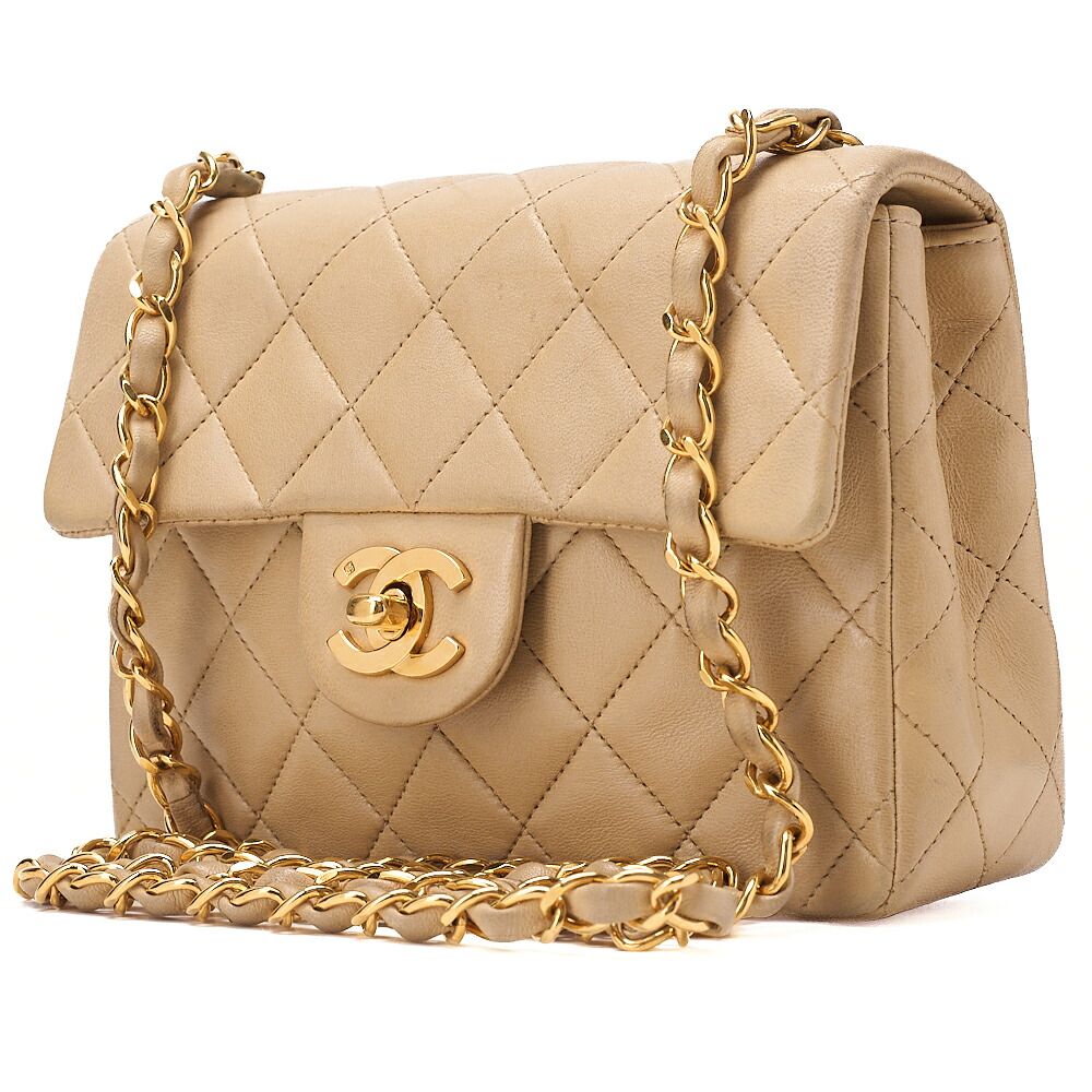 CHANEL シャネル チェーンショルダー バッグ 　ミニマトラッセ 17cm　ターンロック　ラムスキン ベージュ　ゴールド金具 　レディース【中古】【送料無料】