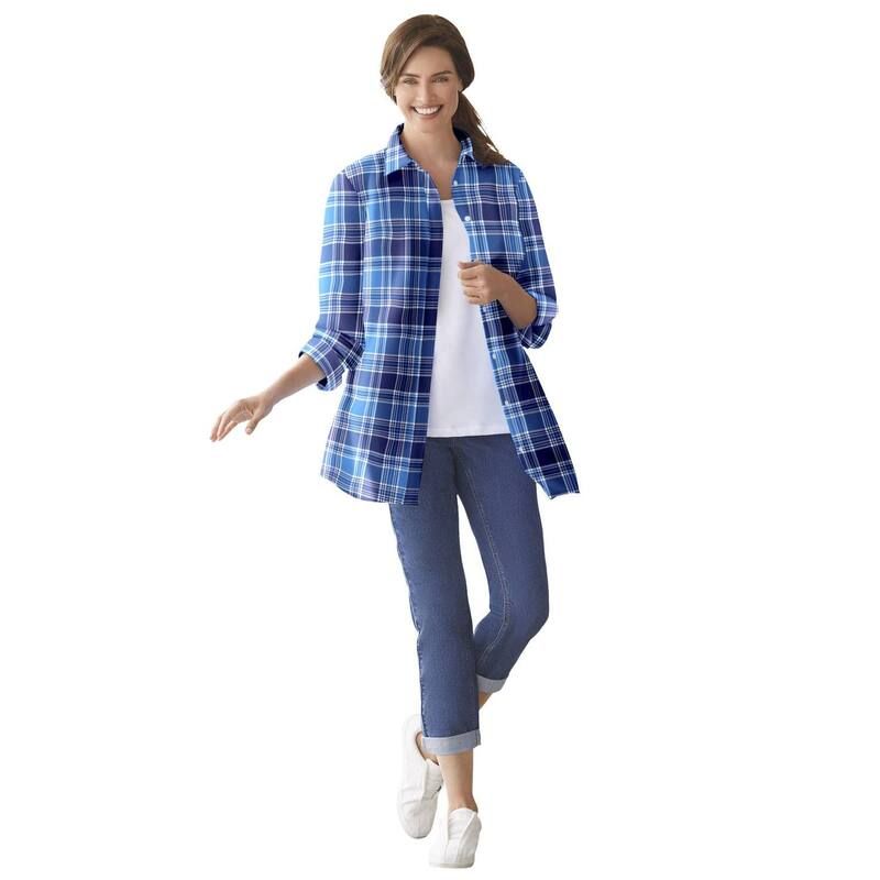 ウーマン ウィズイン レディース トップス シャツ プラスサイズ Woman Within Plusize Perfect Long Sleeve Shirt Evening Blue Pretty