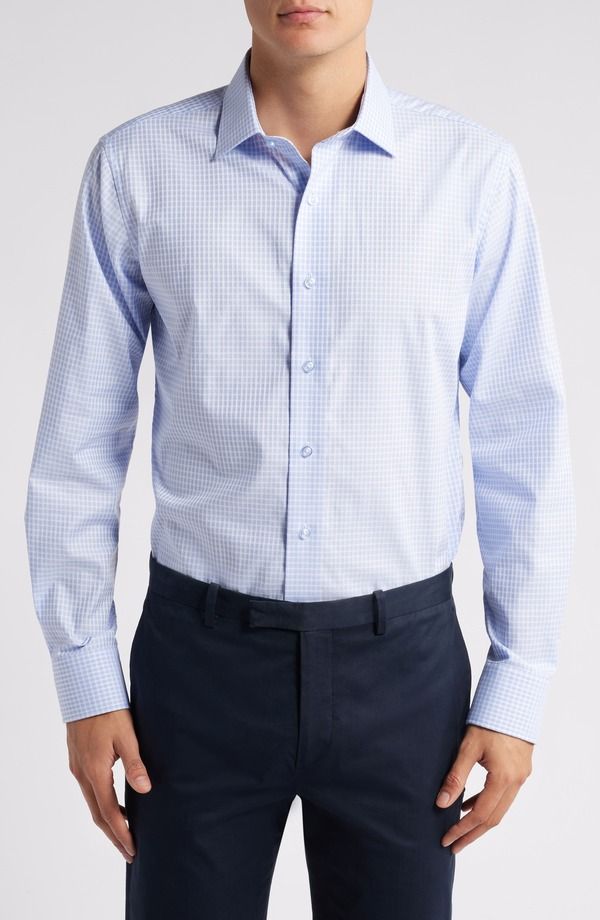 ロレンゾウオモ メンズ トップス シャツ コットン Lorenzo Uomo Trim Fitextured Check Cotton Dresshirt Light Blue ブルー