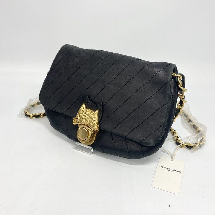 未使用に近い TSUMORI CHISATO CARRY ツモリチサト レザー ミニ ショルダーバッグ 斜め掛け 鞄 黒 猫 ゴールド金具 レディース _201