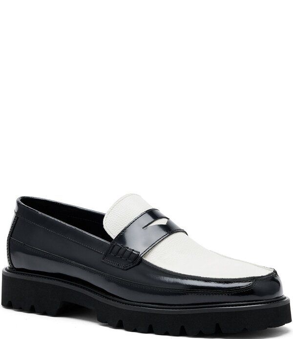 マークノーラン メンズ シューズ スリッポン・ローファー レザー Marc Nolan Mens Adler Mixed Leather Lug Penny Loafers BlackWhite ホワ