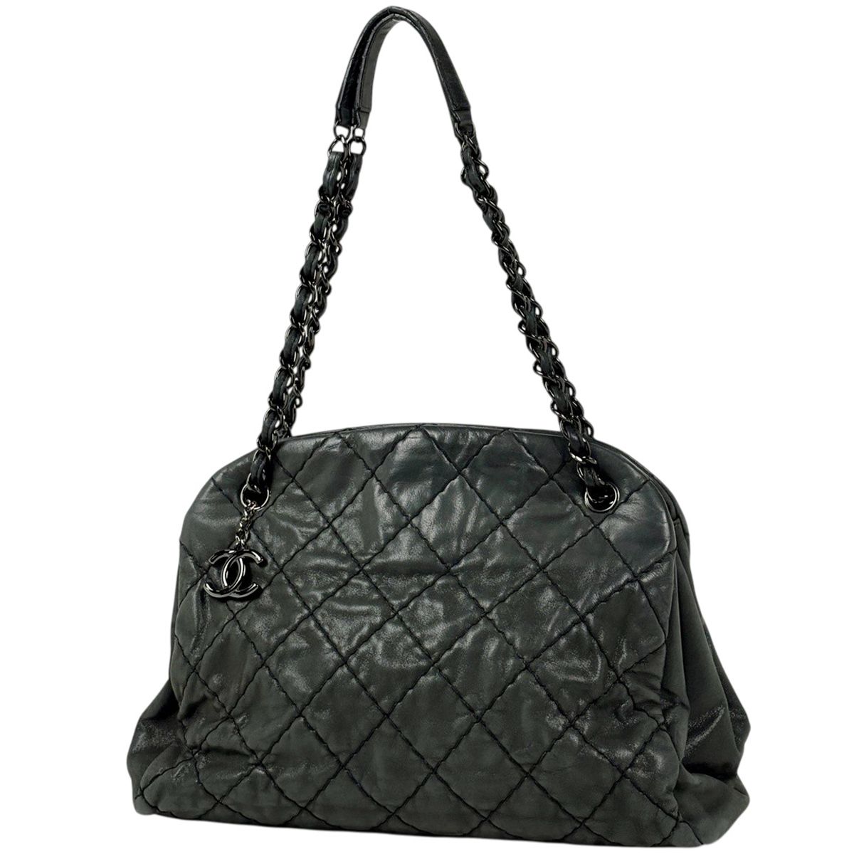 シャネル CHANEL マドモアゼル チェーン ショルダーバッグ ボーリングバッグ ココマーク レザー ブラック レディース 【中古】