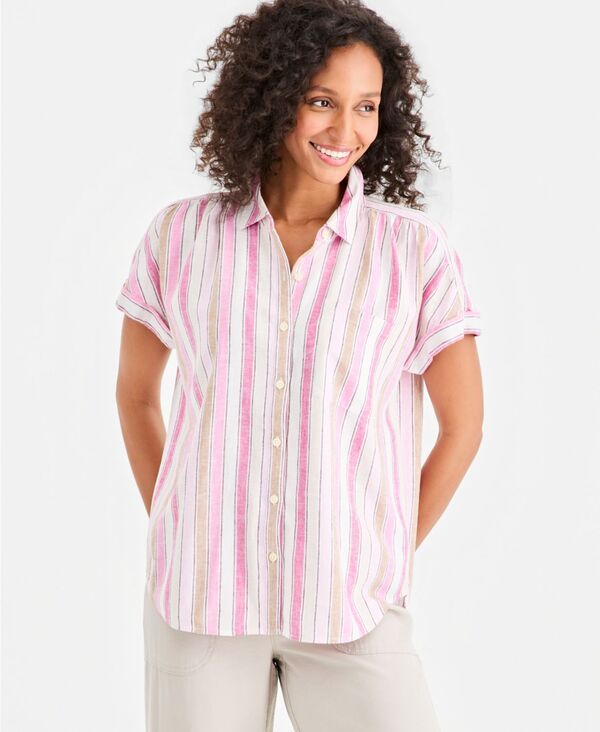 スタイルアンドコー レディース トップス シャツ リネン Style Co Womenstriped Linen Camp Shirt Dash Wild Berry ストライプ