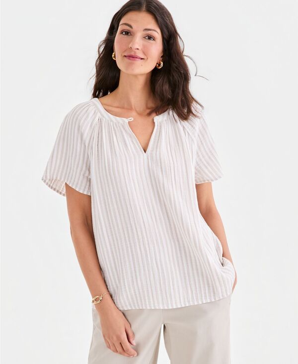 スタイルアンドコー レディース トップス シャツ Style Co Womenstriped Gauze FlutterSleeve Top Stonewall ストライプ