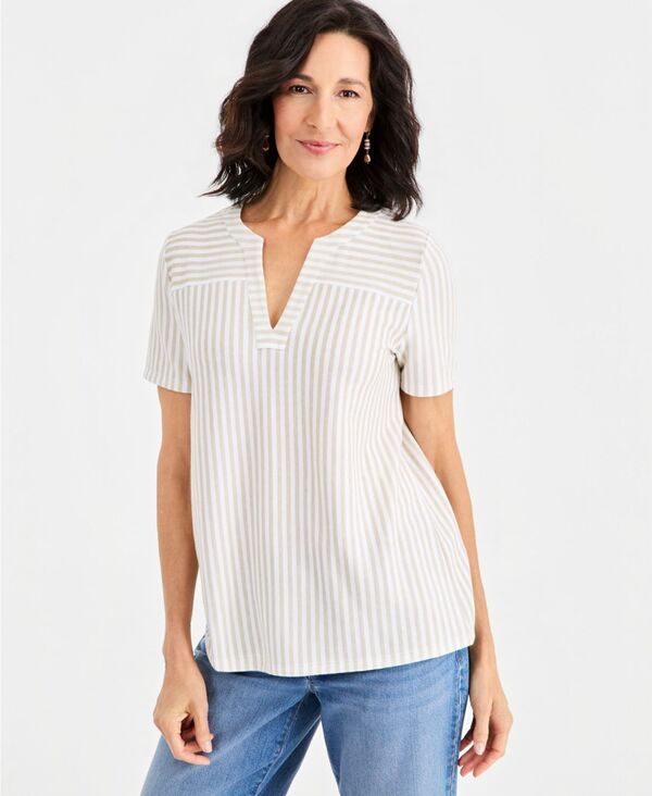 スタイルアンドコー レディース トップス シャツ 半袖 ニット Style Co WomenshortSleeve SplitNecknitop Stonewall