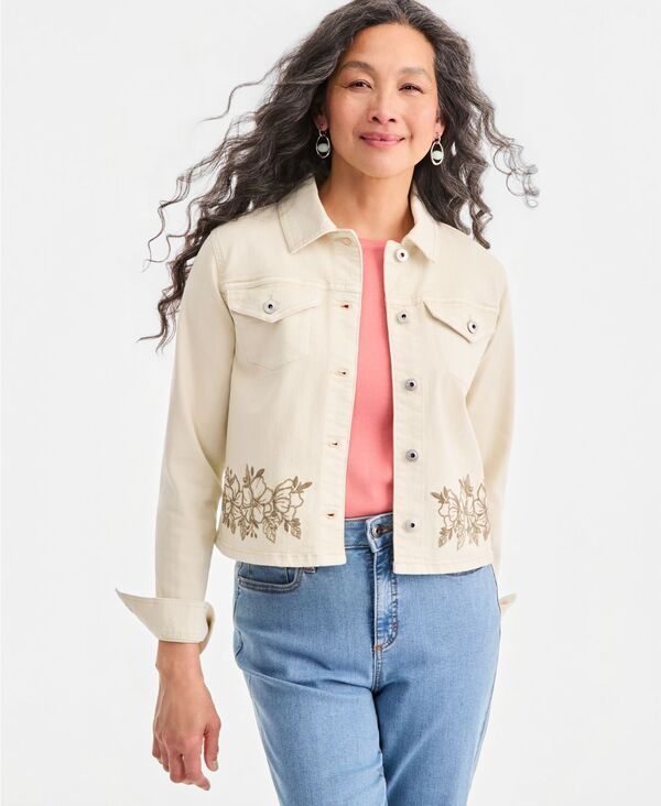 スタイルアンドコー レディース アウター ジャケット・ブルゾン 刺繍 クロップド デニム Style Co Womens Cropped Embroideredenim Jacket Creamy W