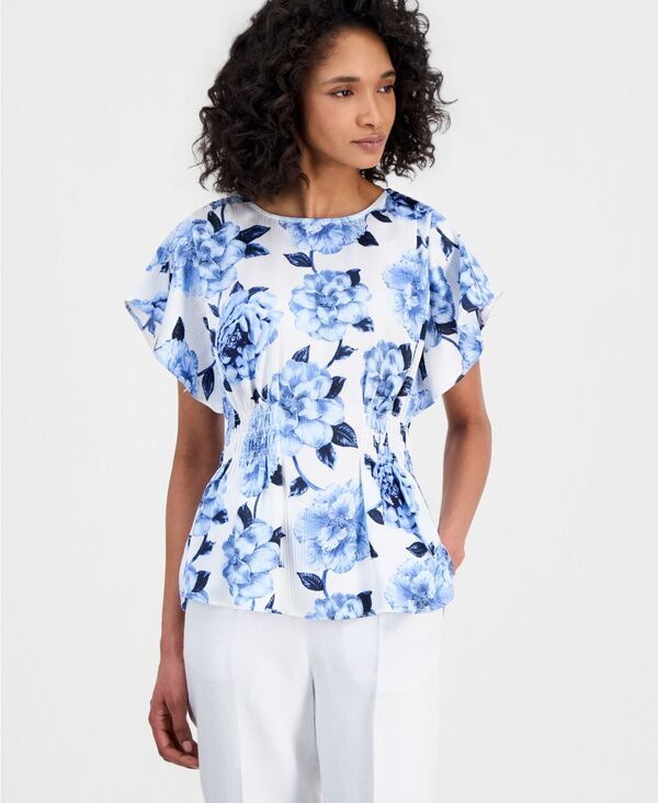 アンクライン レディース トップス シャツ フラワー柄 シャーリング フラワー Anne Klein Womens FlutterSleeve SmockedWaist Floral Top Brig