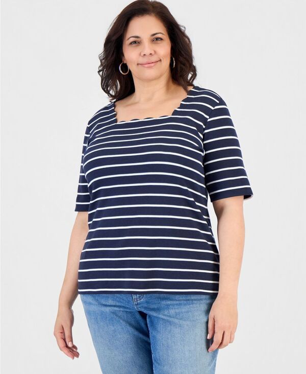 スタイルアンドコー レディース トップス シャツ Style Co Womenstriped Scalloped SquareNeck Top Industrial Blue ブルー