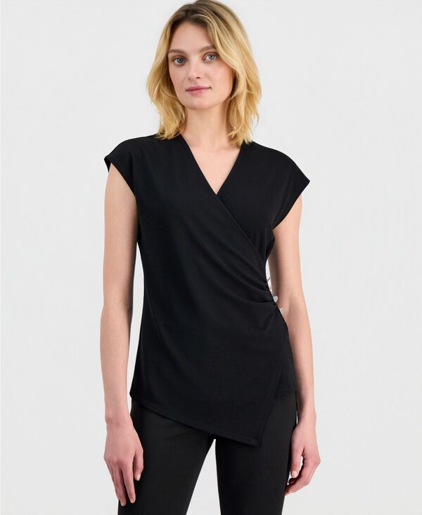 アンクライン レディース トップス シャツ キャップスリーブ キャップ Anne Klein Womens CapSleeve FauxWrap Top Anne Black ブラック